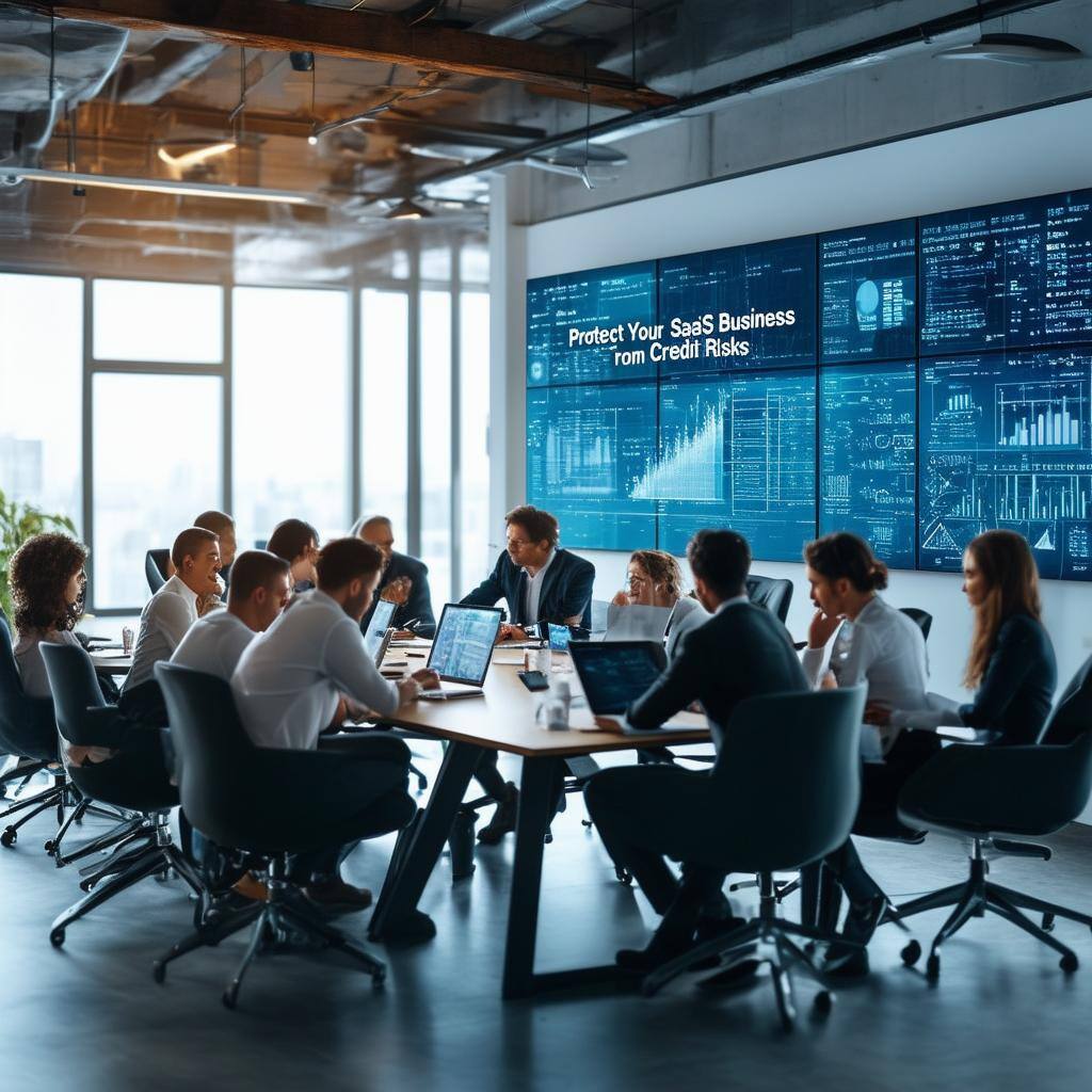 The image features a sleek, modern office environment with a large conference table at the center, surrounded by professionals engaged in a discussion